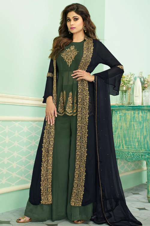 Georgette Wedding Palazzo Suit In Pine Green Colour