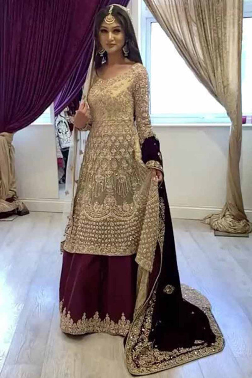 Gold Net Embroidered Anarkali Suit With Skirt