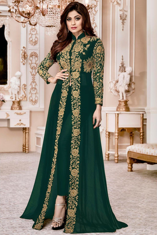 Teal Green Georgette Eid Anarkali Suit With Zari Work