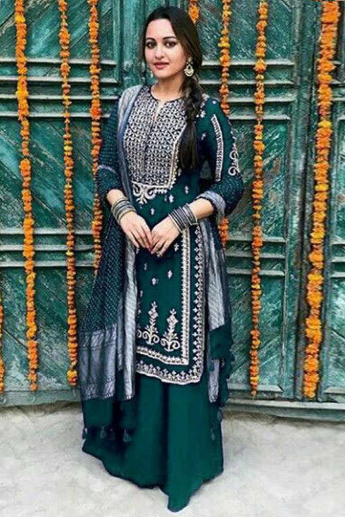 Green Georgette Sharara Suit With Embroidery Work 