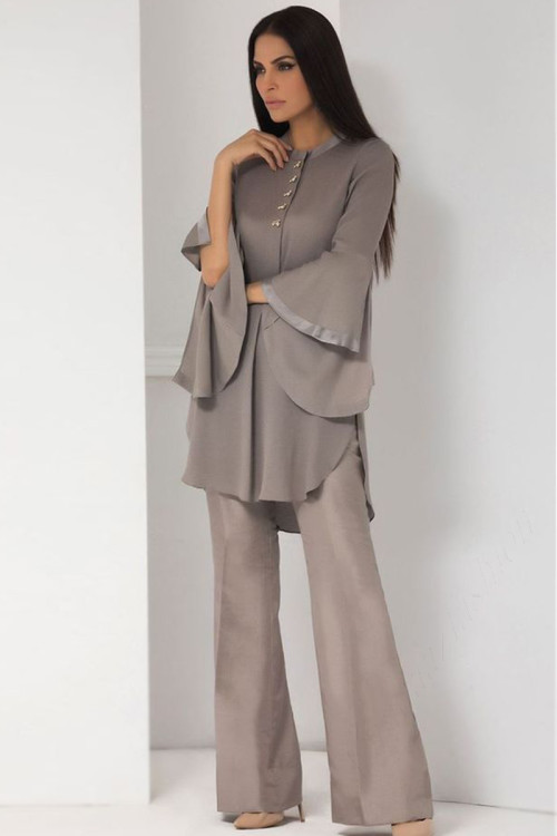 Grey Beige Georgette Silk Indo-Western Suit With Bell Bottom