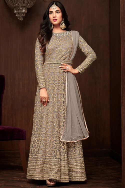 Grey Net Indian Wear Floor Length Soft Net Anarkali Suit