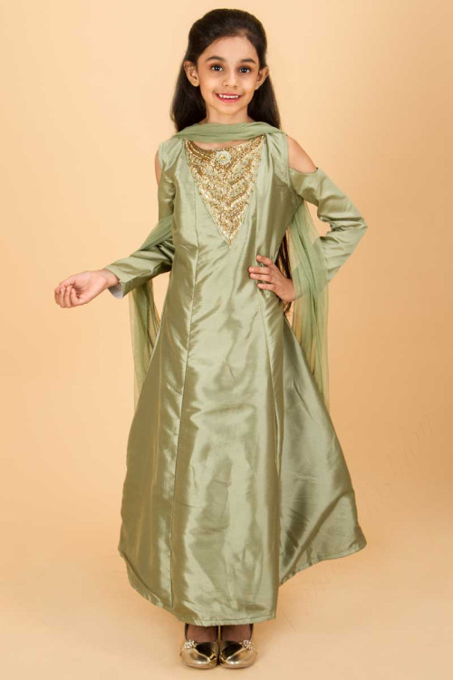 Zari Embroidered Bottle Green Eid Anarkali Suit With Net Dupatta