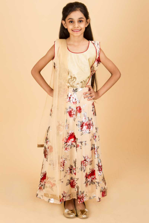 Sleeveless Cream Colored Printed Sleeveless Anarkali Suit For Eid