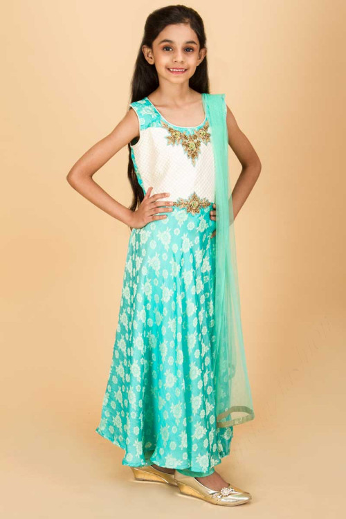 Sea Blue Sleeveless Eid Anarkali Suit With Zari And Resham Work 