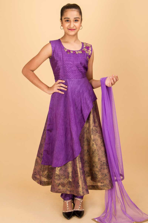 Purple Brown Anarkali Suit With Embroidery On The Top For Eid