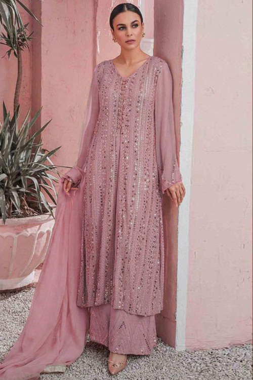 Georgette Taffy Pink Sequins Embroidered Party Wear Trouser Suit