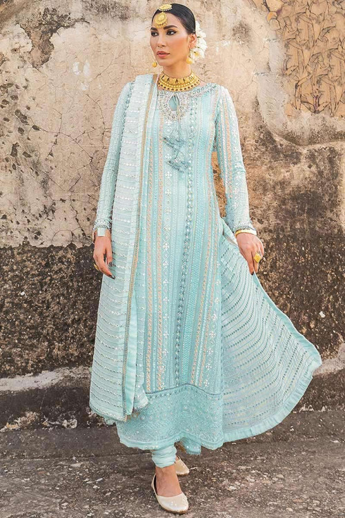 Sky Blue Georgette Embroidered Churidar Suit