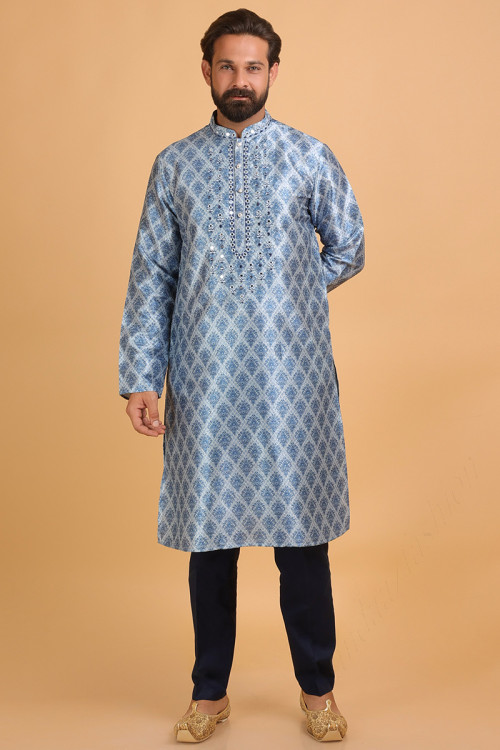 Indian Art Silk Bluish Grey Printed Men's Kurta Pajama 