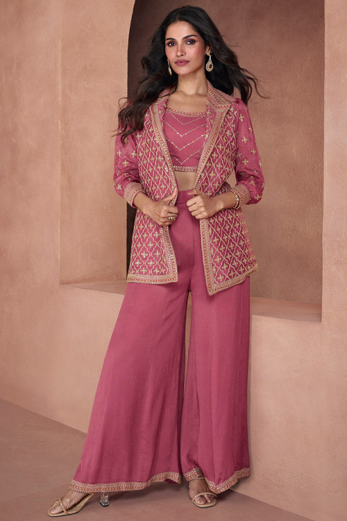 Indo Western Jacket Style Dusty Pink Embroidered Palazzo Suit 