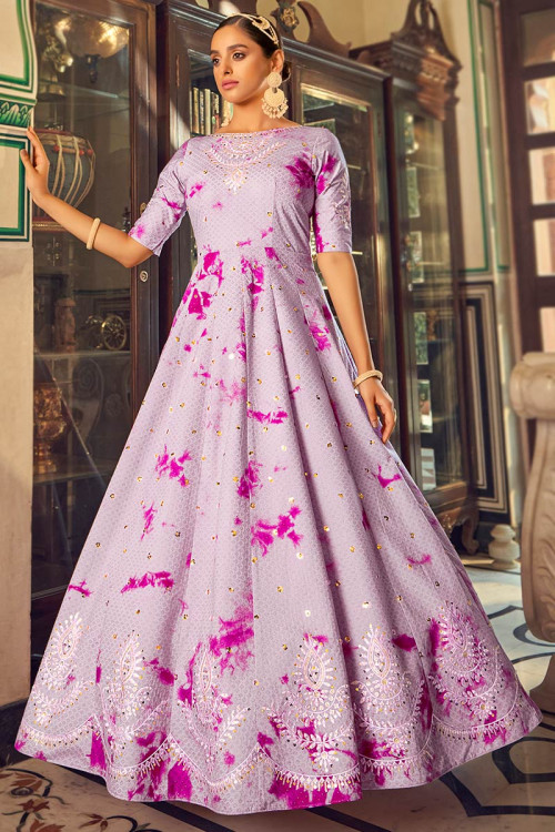 Lavender Pink Jacquard Anarkali Style Gown