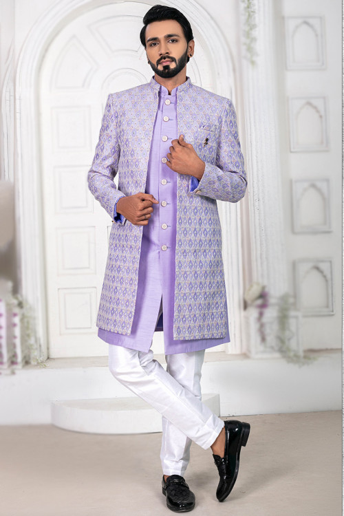 Lavender Purple Silk Embroidered Jacket Style Men's Sherwani 