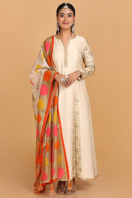 Light Beige Silk Embroidered Anarkali Suit