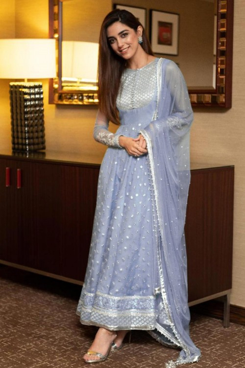 Light Lavender Net Eid Anarkali Suit With Zari Work