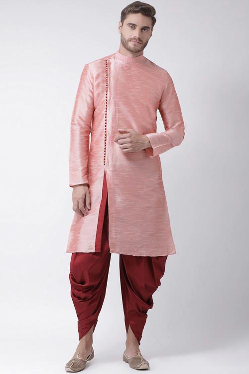 Light Pink Dupion Silk Angrakha Men's Kurta Dhoti