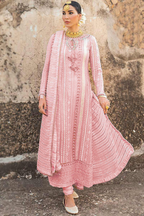 Light Pink Georgette Embroidered Churidar Suit for Eid