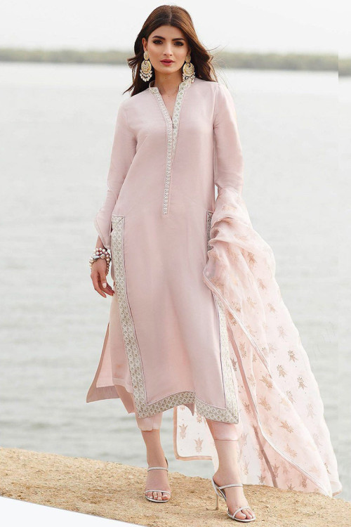 Light Pink Soft Silk Embroidered Trouser Suit for Eid