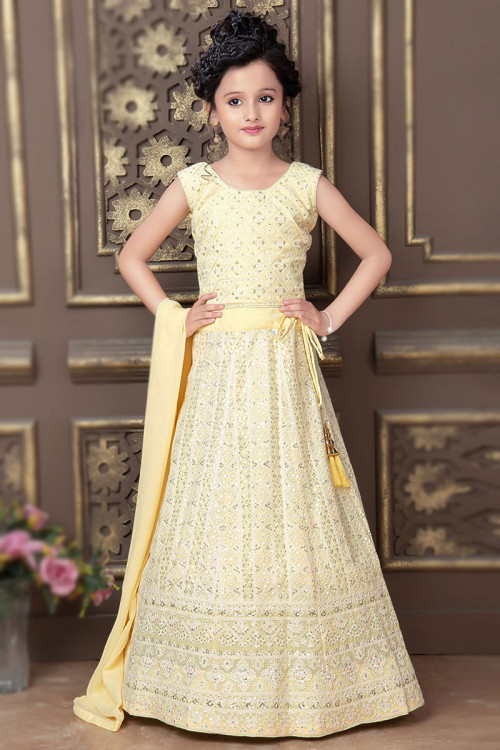 Light Yellow Georgette A Line Lehenga with Sequins embroidery