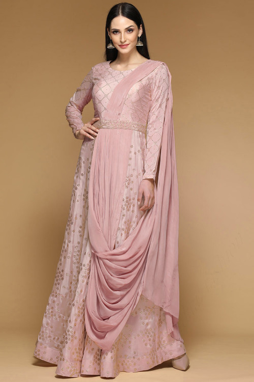 Silk Anarkali Gown In Dusty Pink Color