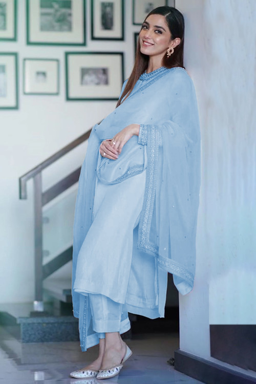 Dusty Blue Silk Pakistani Trouser Suit With Sequins Work