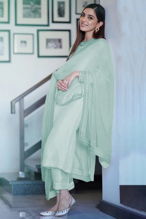 Pistachio Green Silk Pakistani Trouser Suit With Sequins Work