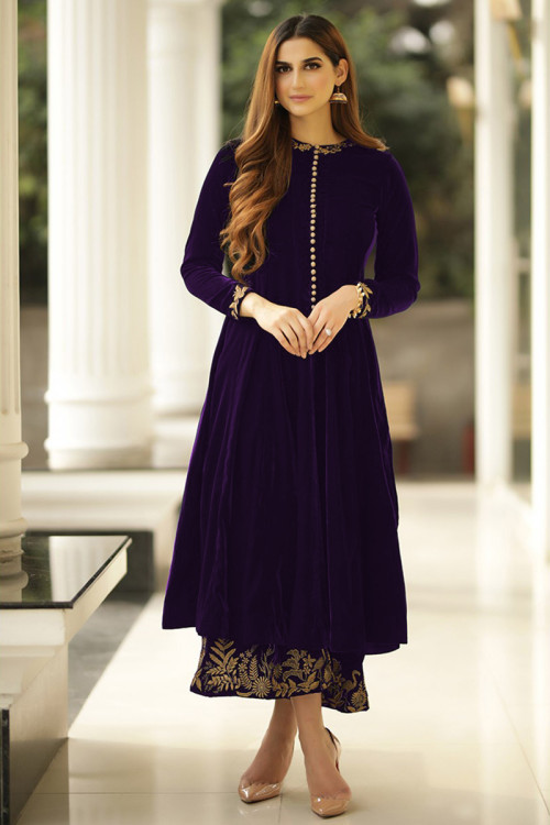 Embroidered Velvet Anarkali Suit In Dark Purple Colour