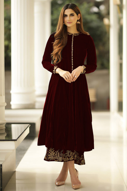 Embroidered Velvet Anarkali Suit In Deep Red Colour