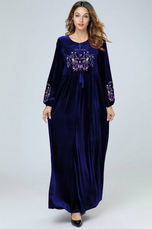 Embroidered Velvet Modest Gown In Dark Blue Colour