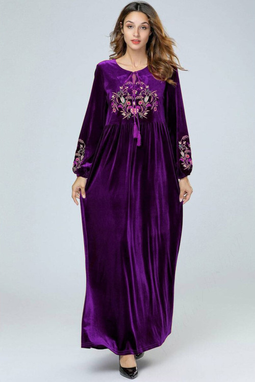 Embroidered Velvet Modest Gown In Purple Colour