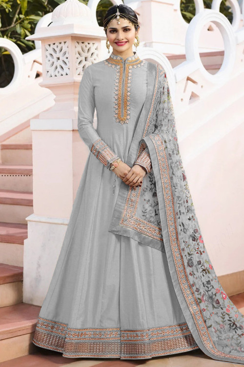 Banglori Silk Eid Anarkali Suit In Light Grey Color