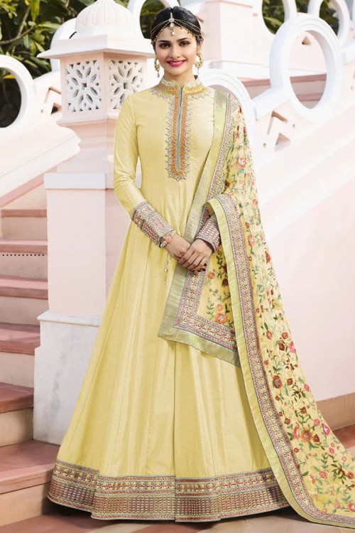 Banglori Silk Eid Anarkali Suit In Pale Yellow Color