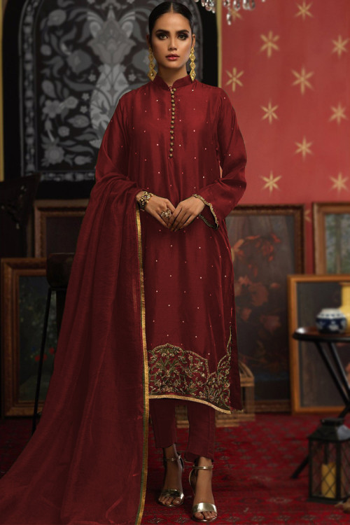 Deep Red Silk Embroidered Trouser Suit