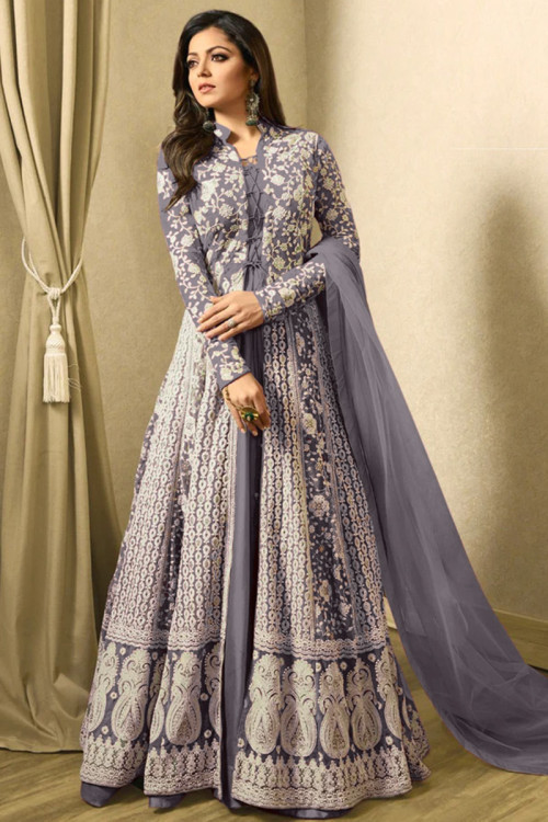 Bluish Grey Floor Length Wedding Wear Anarkali Suit in Santoon