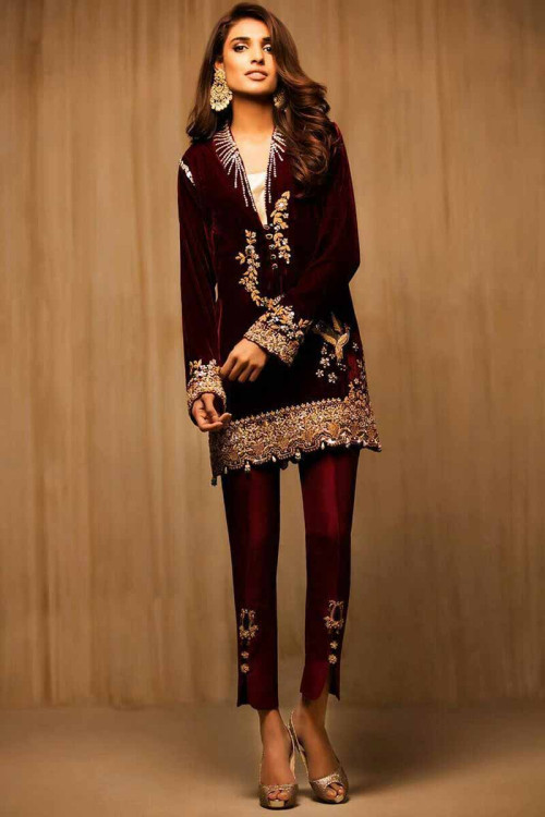 Velvet Trouser Suit with Maroon Color