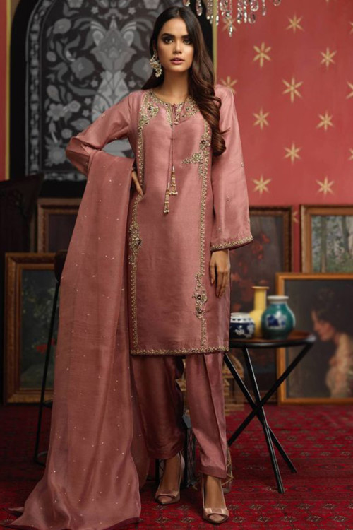 Mauve Pink Silk Straight Cut Embroidered Patiala Suit