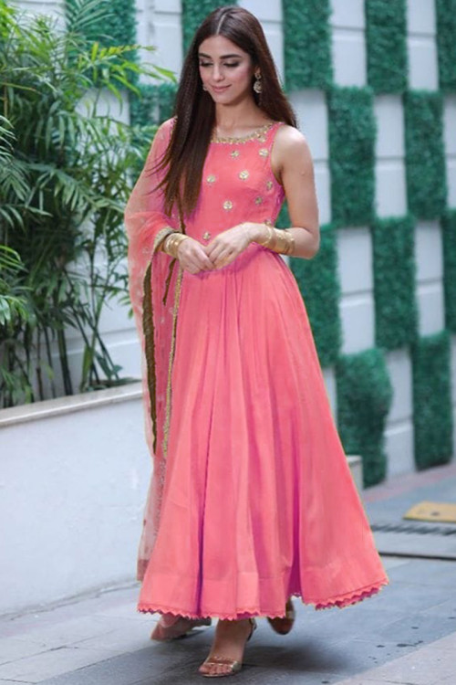 Maya Ali silk Eid Anarkali Suit In Rose Pink Color