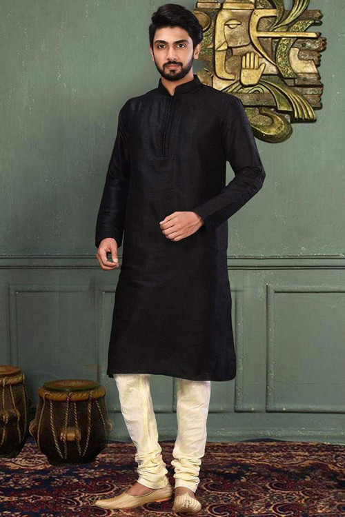 Men Pakistani Black Self Design Kurta With Cream Pajama For Eid