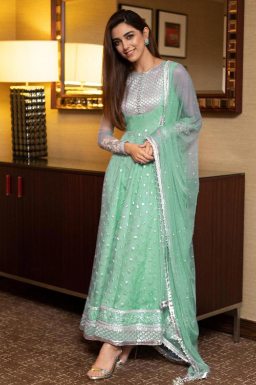 Mint Green Net Anarkali Suit With Zari Work