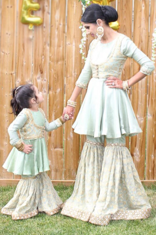 Mint Green Taffeta Silk Embroidered Mother Daughter Duo Sharara Suit