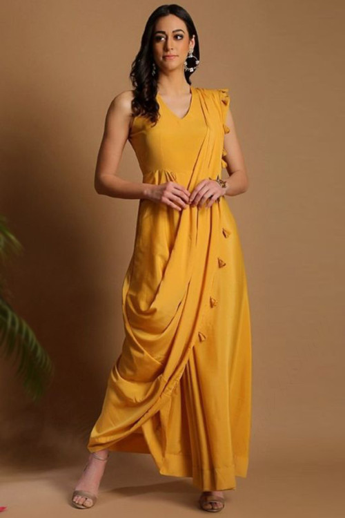 Mustard Yellow Crepe Indo-Western Gown