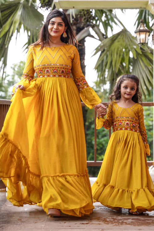 Mustard Yellow  Embroidered Georgette Mother-Daughter Duo Gown