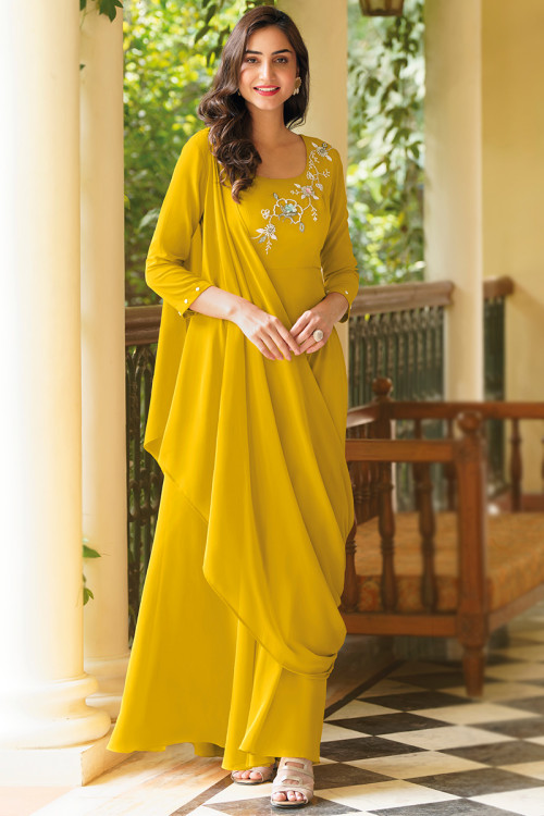 Mustard Yellow Georgette Embroidered Gown