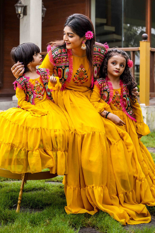 Mustard Yellow Georgette Embroidered Mother-Daughter Duo Gown