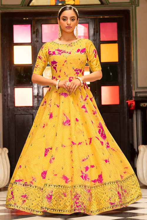 Mustard Yellow Jacquard Anarkali Gown