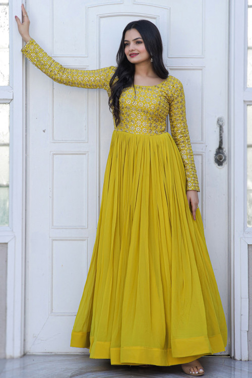 Mustard Yellow Sequins Embroidered Georgette Gown 