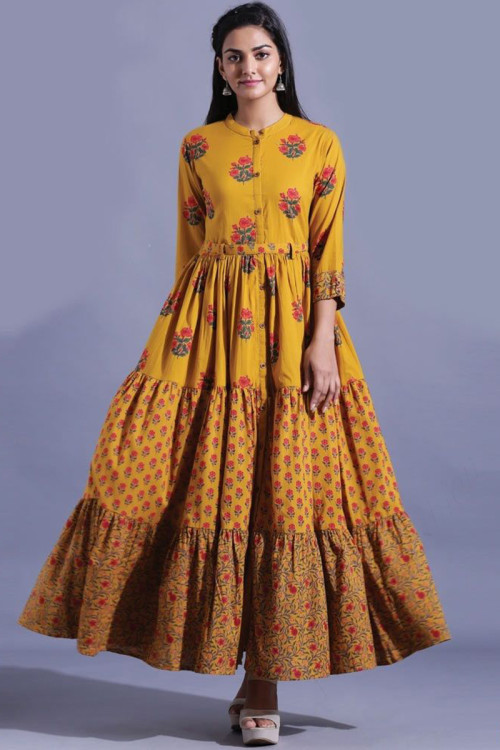 Mustard Yellow Viscose Rayon Printed Gown