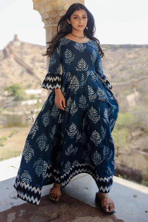 Navy Blue Cotton Printed A-Line Gown