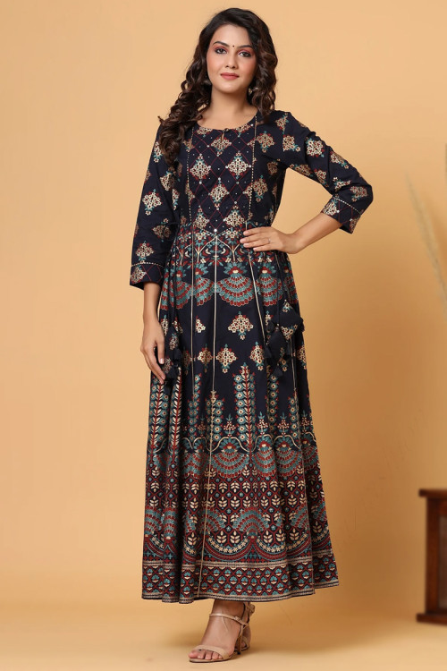 Cotton Navy Blue Casual Wear Kurti with Sequins embroidery