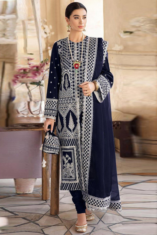 Navy Blue Georgette Embroidered Churidar Suit