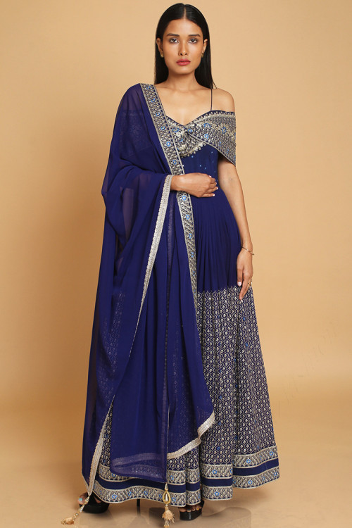 Georgette Navy Blue Thread Embroidered Gown for Party 